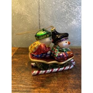 Snowmen in Sleigh Glass Christmas Ornament Candy Cane Runners Glitter Accents